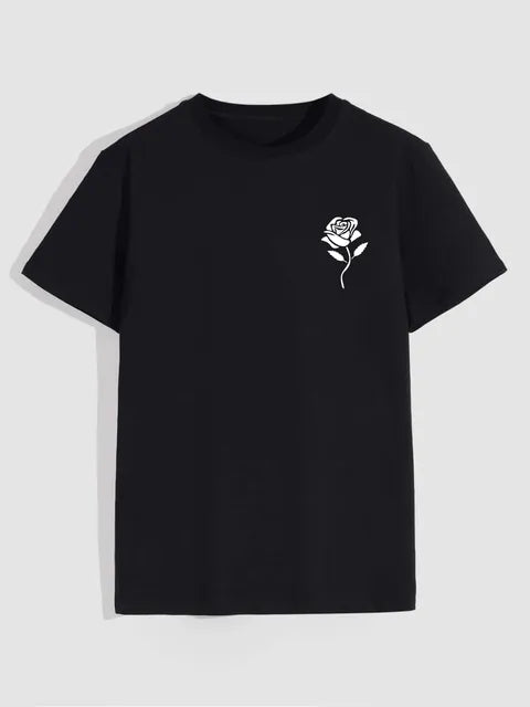 Men's Casual Crew Neck Rose Print T-Shirt (Regular/Oversize)